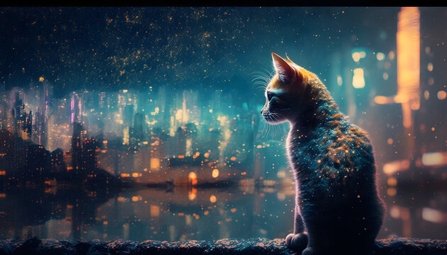 Side profile of a cat looking at foggy cityscape.  Hazy, slightly out of focus. Background, panoramic beautiful view.  Haze of city lights.  Generative AI.
