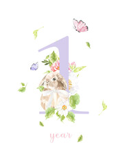 Fototapeta na wymiar Baby milestone cards, watercolor cute bunny,duck, animals and numbers for newborn girl or boy. 1-11 months and 1 year. Baby shower nursery print. Baby month anniversary , birthday greeting card