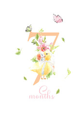 Baby milestone cards, watercolor cute bunny,duck, animals and numbers for newborn girl or boy. 1-11 months and 1 year. Baby shower nursery print. Baby month anniversary , birthday greeting card