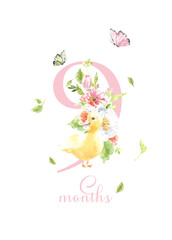 Baby milestone cards, watercolor cute bunny,duck, animals and numbers for newborn girl or boy. 1-11 months and 1 year. Baby shower nursery print. Baby month anniversary , birthday greeting card