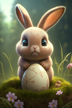 Extremely cute easter bunny holding a decorative egg.  Flowers and spring about, gentle sun streaming down.  Centered composition, cartoony cg style.  Generative AI.