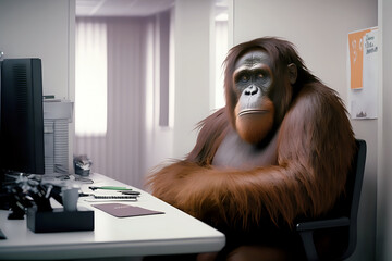Conceptual satirical image of a boring office life - orangutan at a his work desk at the office. Generative AI
