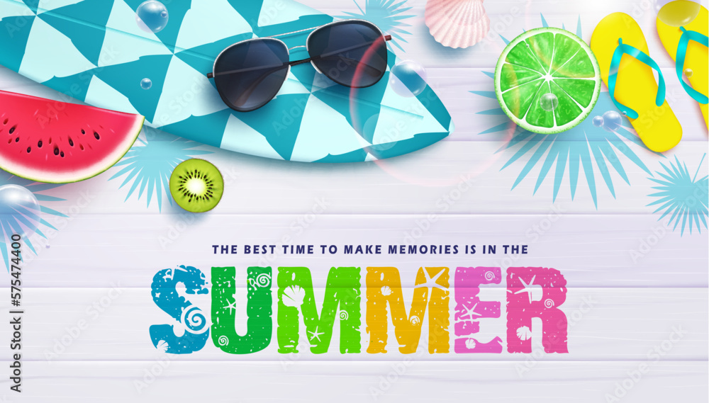 Poster summer vector background. best time to make summer memories text in space with beach elements design
