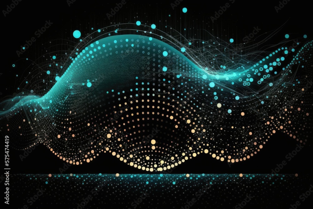 Poster connected dots on a wave background serve as a technological backdrop. concepts from data science, p