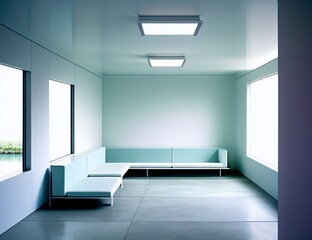 a room with ceiling lights and white furniture set against a white wall with a big window
