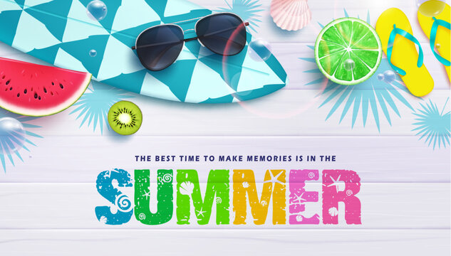 Summer vector background. Best time to make summer memories text in space with beach elements design. Vector illustration summer design.
