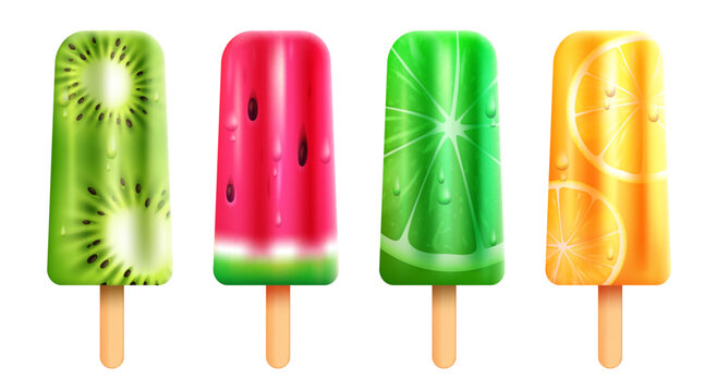 Popsicle vector set design. Popsicle kiwi, watermelon, lime and lemon fruits isolated in white background. Vector illustration summer popsicles collection.
