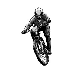 Obraz na płótnie Canvas Extreme sports rider, BMX biker, Downhill, race, cyclist. monochrome. Perfect for the bicycle community for T -shirt, Sticker, Print, etc. Hand drawing Vector Illustration.