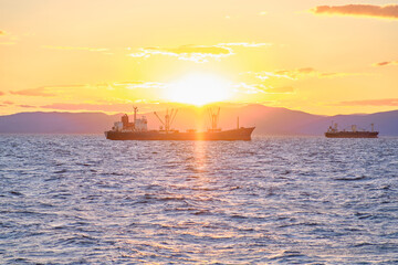 Fishing ships are in the roadstead at sunset.