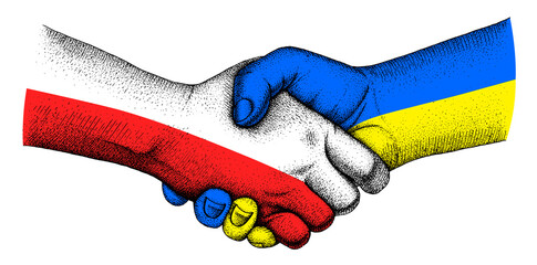 Handshake with flags of Ukraine and Poland on a white background.