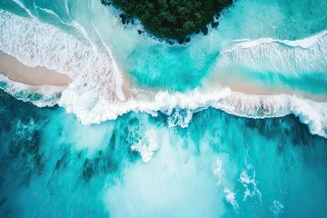 Fototapeten a beach with waves seen from above Shot from a drone at a very high angle, this stunning image of a tropical sea appears to have been taken early one summer morning. Upside down ocean waves © 2rogan