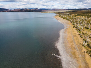 Fototapeta na wymiar Aerial view of picturesque Lago Yehuin on the island Tierra del Fuego, Argentina, South America