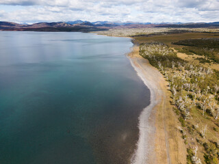 Aerial view of picturesque Lago Yehuin on the island Tierra del Fuego, Argentina, South America