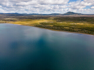 Aerial view of picturesque Lago Yehuin on the island Tierra del Fuego, Argentina, South America