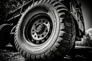 Tyre tire up close on a dump truck used for hauling. Generative AI