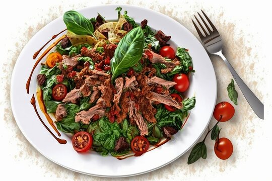 Lettuce, veal, and sun dried tomatoes make up this delicious veal salad. Meat salad, a restaurant staple. Salad mix of greens, sun dried tomatoes, cherry tomatoes, grissini sticks, and veal, seasoned