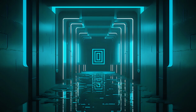 Neon light lit futuristic tunnel filled with water. Generative AI