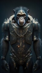 Stylish Futuristic Animal Chimpanzee Combat Armor: A Cute and Cool Designer Exosuit with Energy Shield and Nanotech Enhancements for High-Tech Battle in Wildlife and Sci-Fi Settings (generative AI)
