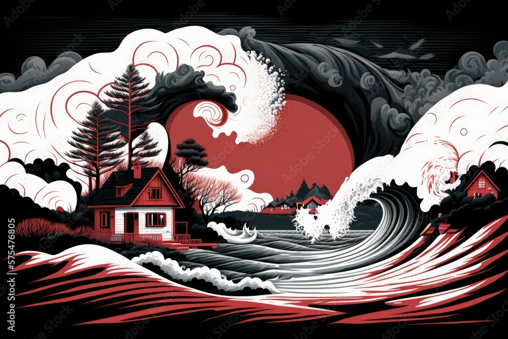Poster a little coastal community was devastated by a tsunami. dramatic end of the world setting complete w