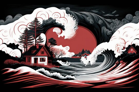 A little coastal community was devastated by a tsunami. Dramatic end of the world setting complete with a raging storm and a Tornado. The waves were enormous. Tsunami Extremely large waves. Generative