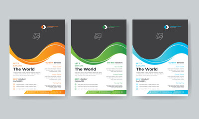 Colorful Modern travel bundle flyer or brochure design template with contact and venue details for travel agency promotion