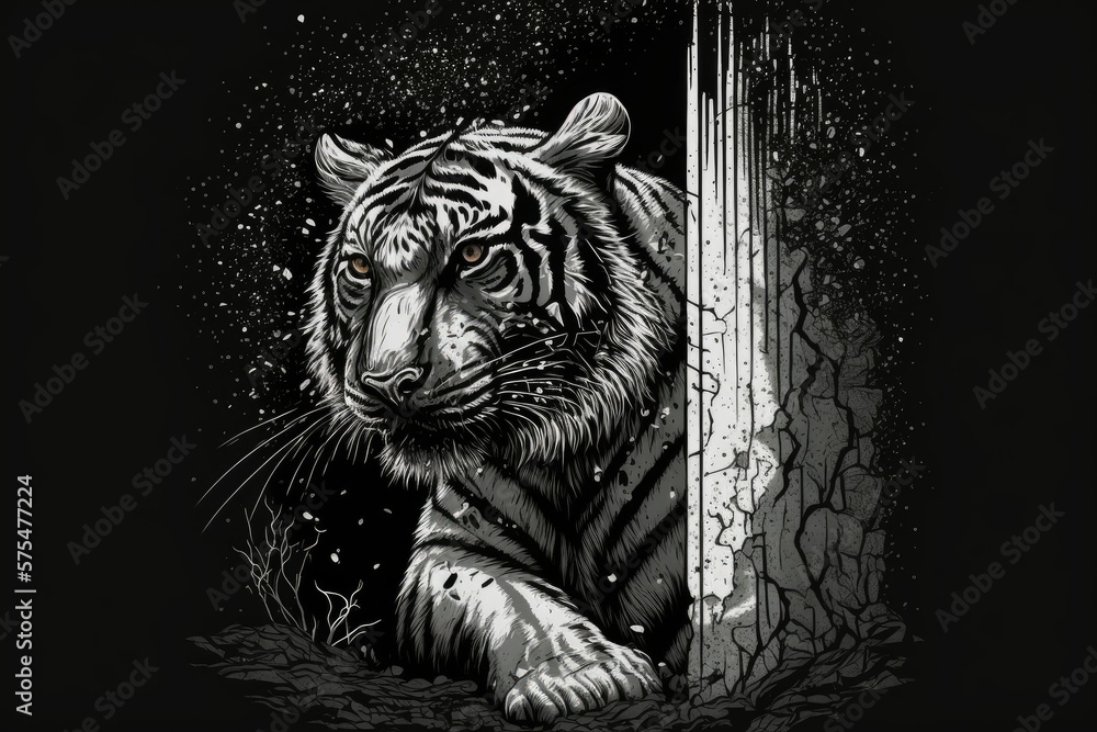 Poster a tiger that seems like he is peeping through an area that he clawed through. t shirt design featuri