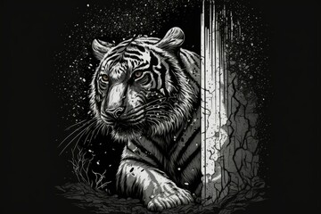 A tiger that seems like he is peeping through an area that he clawed through. T shirt design featuring a image of a claw scratched into a pitch black background. Generative AI