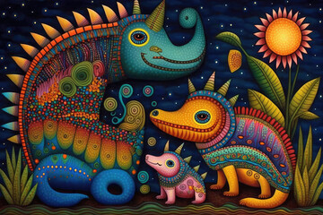Fototapeta premium brightly colored Mexican folk art of fantastical creatures whimsical illustrations