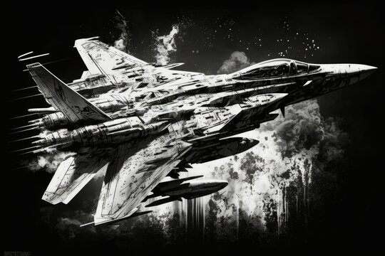 Just after taking off from the USS AMERICA, an F 14 Tomcat fighter plane can be seen with missiles strapped to its wing pylons. 1984. Generative AI