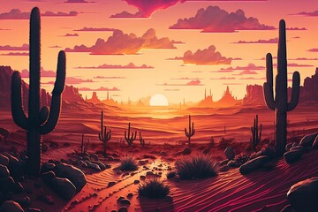 Illustration of a Spectacular Sunset in the Desert. Generative AI