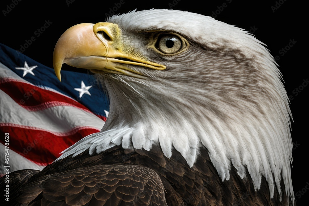 Wall mural U.S. flag superimposed on a close up of a bald eagle. Generative AI