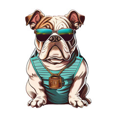 cool vintage bulldog wearing sunglasses, dog, transparent background. Generative AI