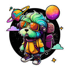Fototapeta premium illustration of a dog in the space, cartoon, galaxy, cute cartoon dog, colorful, transparent background. Generative AI