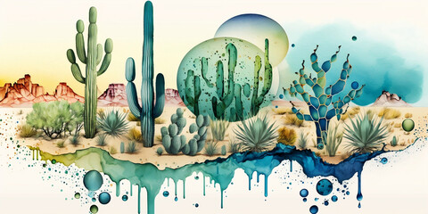 watercolor abstract illustration of water conservation, featuring a series of interconnected droplets in shades of blue and green with a barren desert landscape in the background