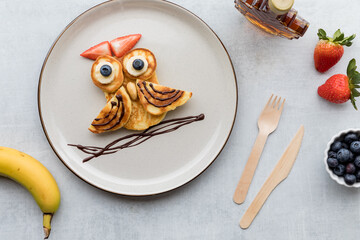 Top down view of pancakes in the shape of an owl, served with syrup and fruit.