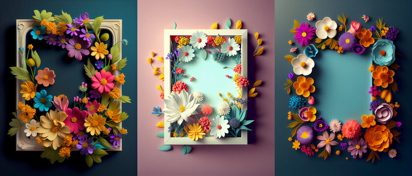Spring and summer floral composition with a frame, colorful flowers, floral art, beautiful spring art, collection, background with leaves. good for cards and posters.