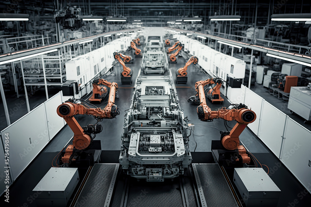 Poster automatic assembly line with robots in the car industry. generative ai