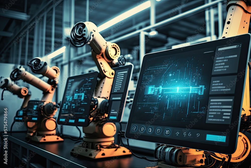 Poster concept computer controlled robotic gripper arms. modern industrial age. generative ai