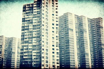 Crisis in the real estate market, empty high rise residential complex in the background. Grunge effect for photos. Generative AI