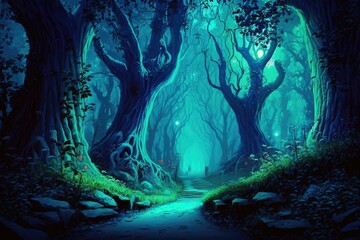 A magical forest straight out of a fairy tale, complete with towering trees and lush foliage. The setting is a digitally painted landscape. Generative AI
