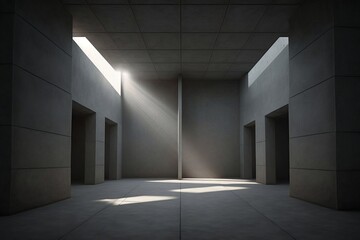 Minimalist concrete space with shadowy lights. Generative AI