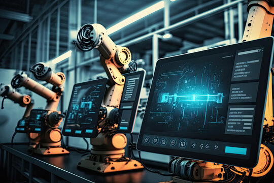 concept computer controlled robotic gripper arms. modern industrial age. Generative AI