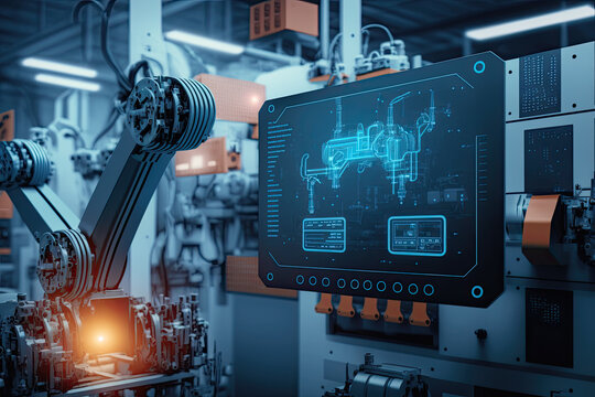 concept computer controlled robotic gripper arms. modern industrial age. Generative AI