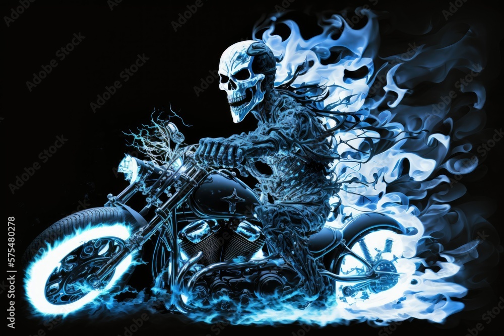Poster a skeleton with a wicked sense of humor rides by on a demonic motorcycle with a gaping mouth on the 