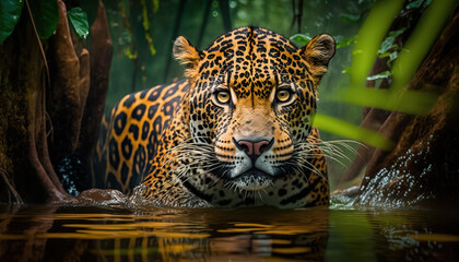 Jaguar Hunting in Amazon Rainforest: Big Cat Leaping Across River with Vibrant Vegetation in Background, Created by Generative AI Technology