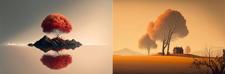 Set of 2 illustrations of simple land with trees and foliage in the summer minimalist landscapes with atmospheric shading and gradients by Generative A.I.