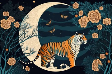 Boho tiger Asian greeting card. Elegant animal print pattern. use in textile production, wall decoration, interior design, social media posts, and product packaging. magic, a star, a crescent moon, an