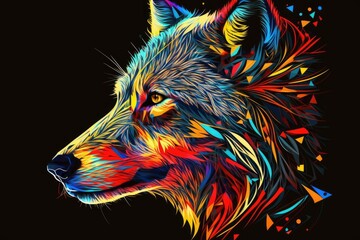 Design of a wolf's head in bright primary colors, in the style of pop. Generative AI