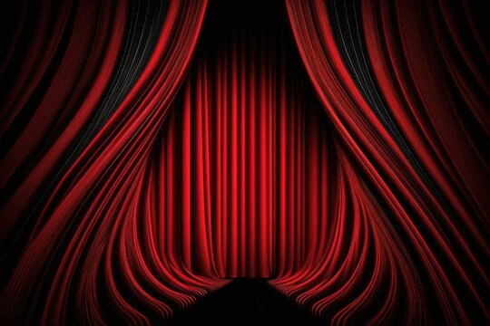 Pull back the curtain on the stage. Stage red theatrical drapery, as seen in a circus or opera. Red velvet drapes are center stage. Interior design of a traditional circus and cinema. Generative AI