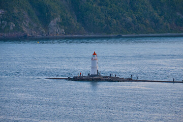 Tokarevsky lighthouse on the background of the sea. Vladivostok, Russia.